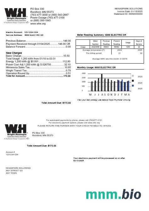 USA Minnesota Wright-Hennepin rachunek za usługi komunalne szablon w formacie Word i PDF